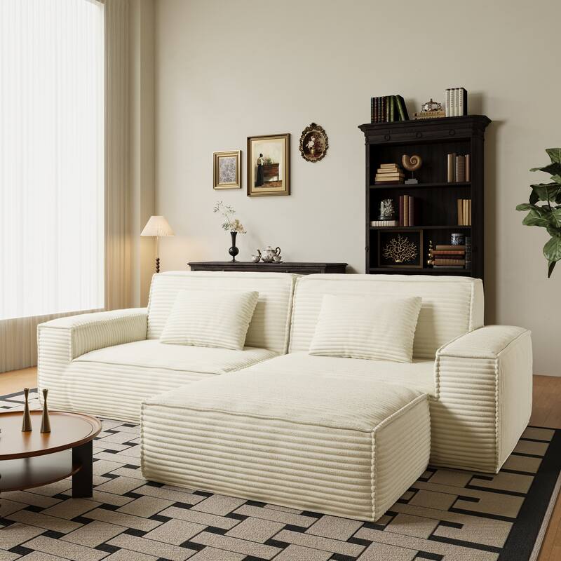 Anmytek Modern Large Striped Vacuum Compressed Full Sponge High Rebound Straight Sofa with Footstool Beige