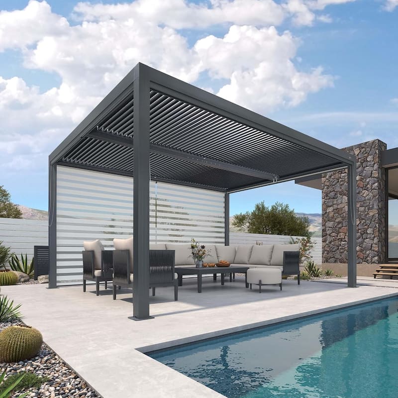PURPLE LEAF Grey Louvered Pergola Accessories Roller Blinds, Strip Light and Shutter Wall(Pergola Not Included)