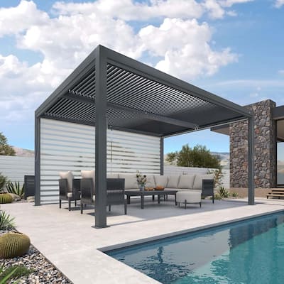 PURPLE LEAF Grey Louvered Pergola Accessories Roller Blinds, Strip Light and Shutter Wall(Pergola Not Included)