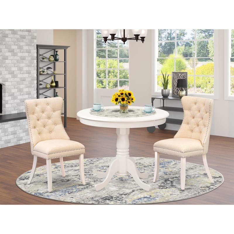 East West Furniture Dining Table Set Includes a Round Kitchen Table and Padded Chairs, Linen White (Pieces Options) - ANDA3-LWH-32