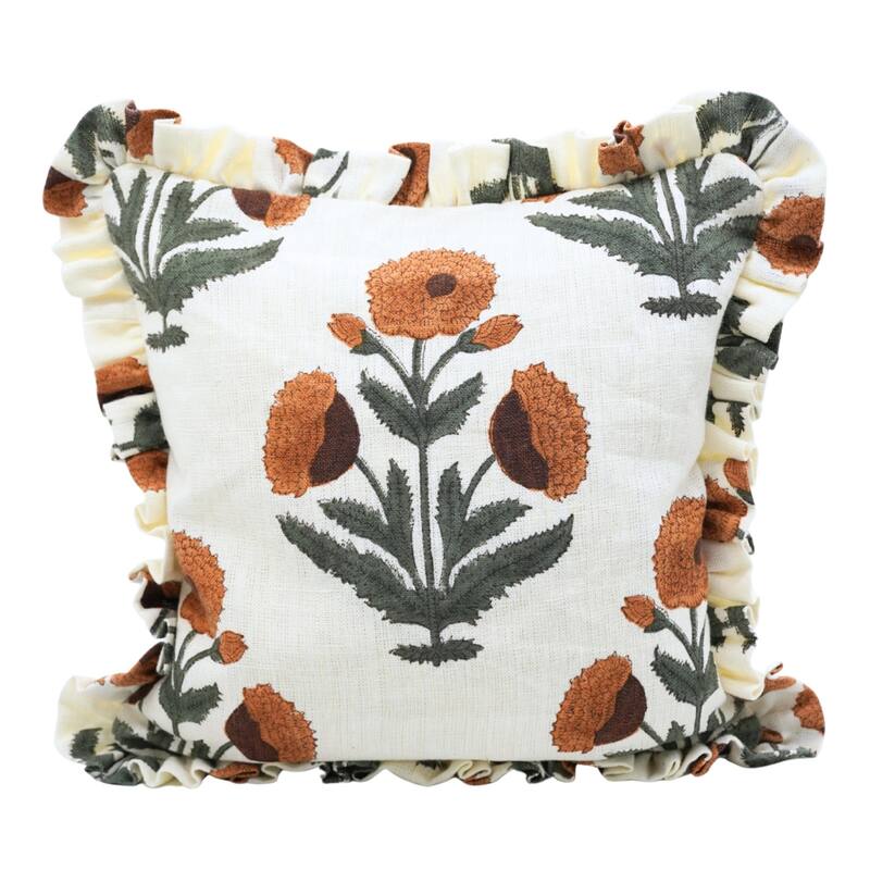 Fabdivine Heavy Linen Floral Ruffled Both Side Cushion Cover Home Décor Accent - Badshah- Mustard, Green - 14" x 36" - Cover Only