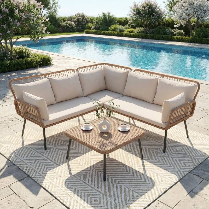 Outdoor Patio Furniture L-Shaped Corner Wicker Sofa Set with Coffee Table