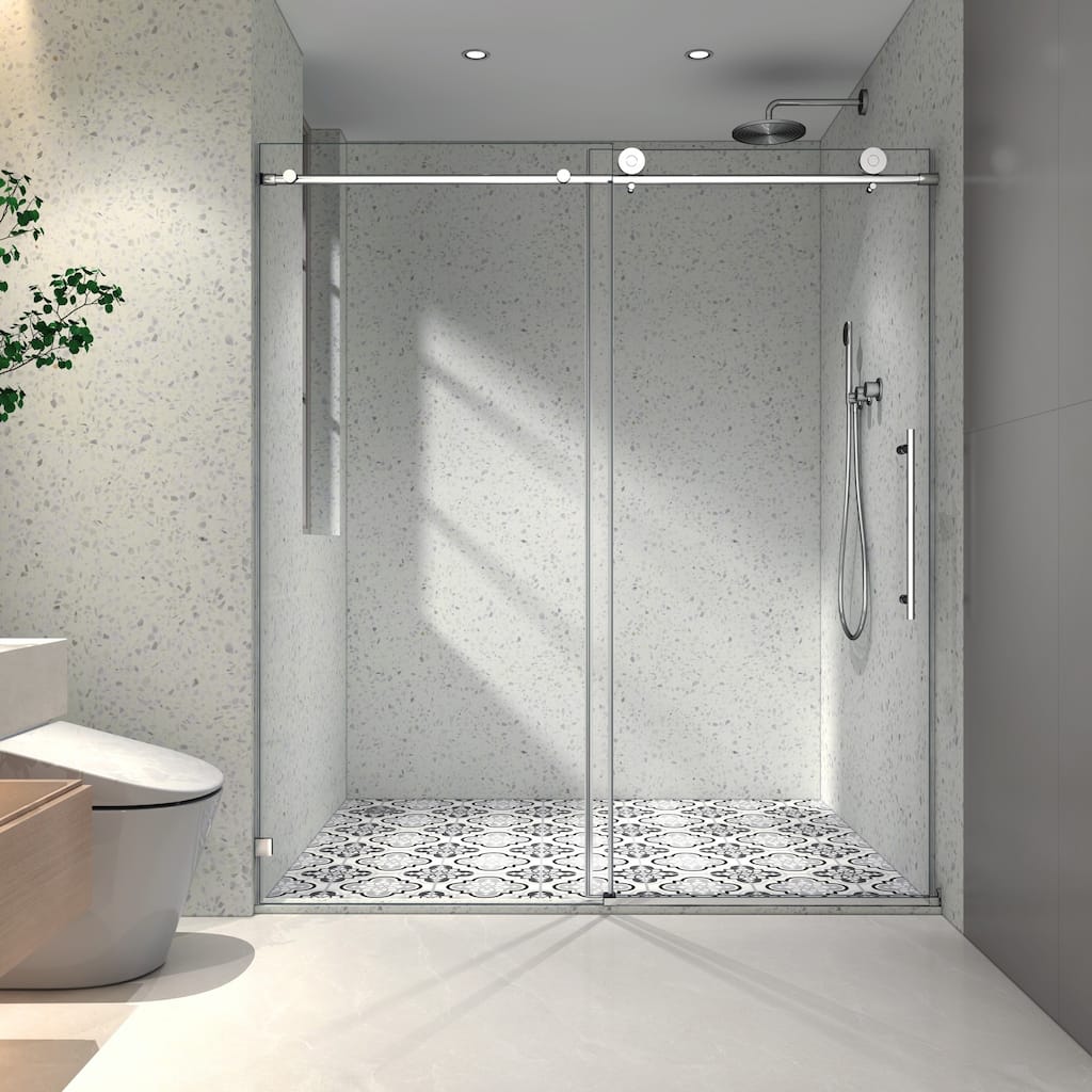 Frameless single-slide sliding shower door with adjustable soft-close feature
