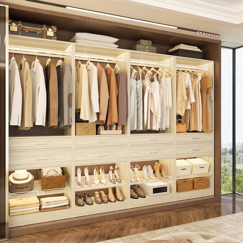 25'' W Freestanding Closet System with 2 Wooden Drawers and Adjustable Shoes Rack and Hanging Rod,Walk-in Closet Organizer - White Oak - Set of 4