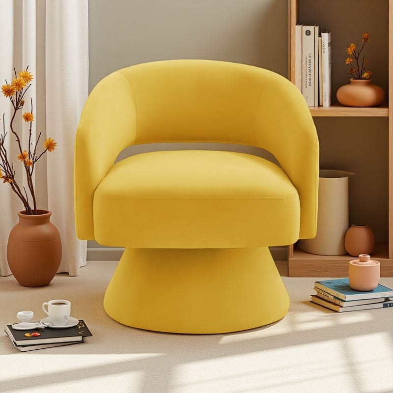 Velvet 360° Swivel Barrel Chair with Rotating Open-Back and Solid Wood Base