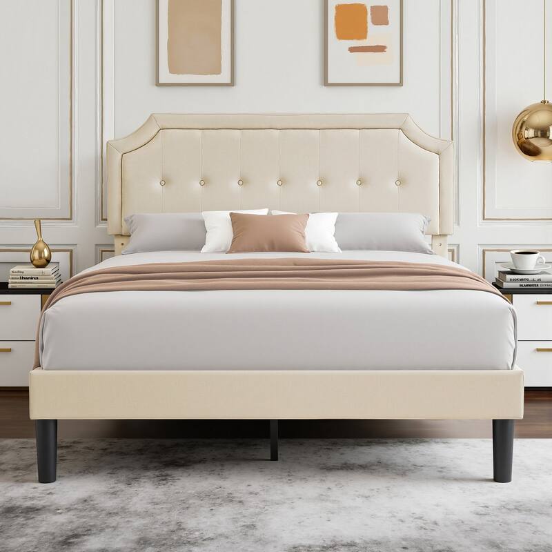 Javlergo Modern Upholstered Bed Frame with Height Adjustable Headboard Heavy-Duty Frame No Box Spring Needed - Beige - Full