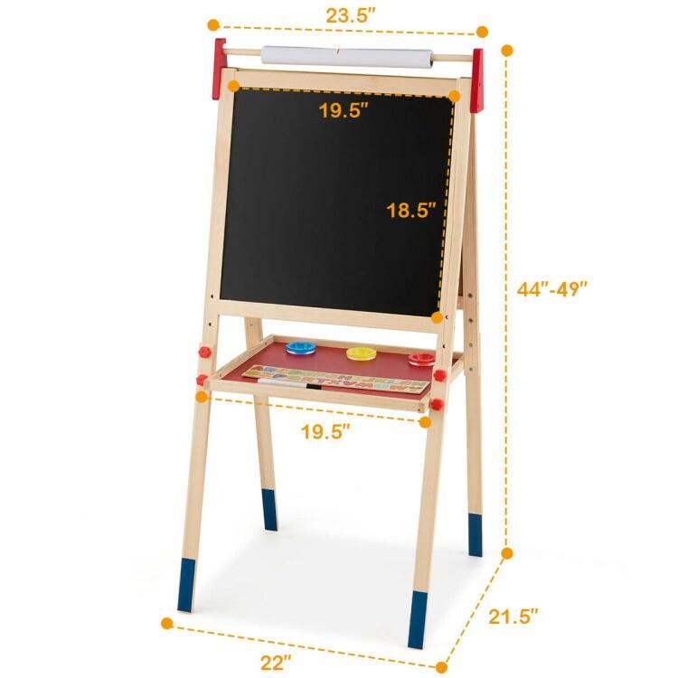 All-in-One Wooden Height Adjustable Kid's Art Easel with Magnetic Stickers and Paper - 23.5" x 21.5" x 44"/46.5"/49" (L x W x H)