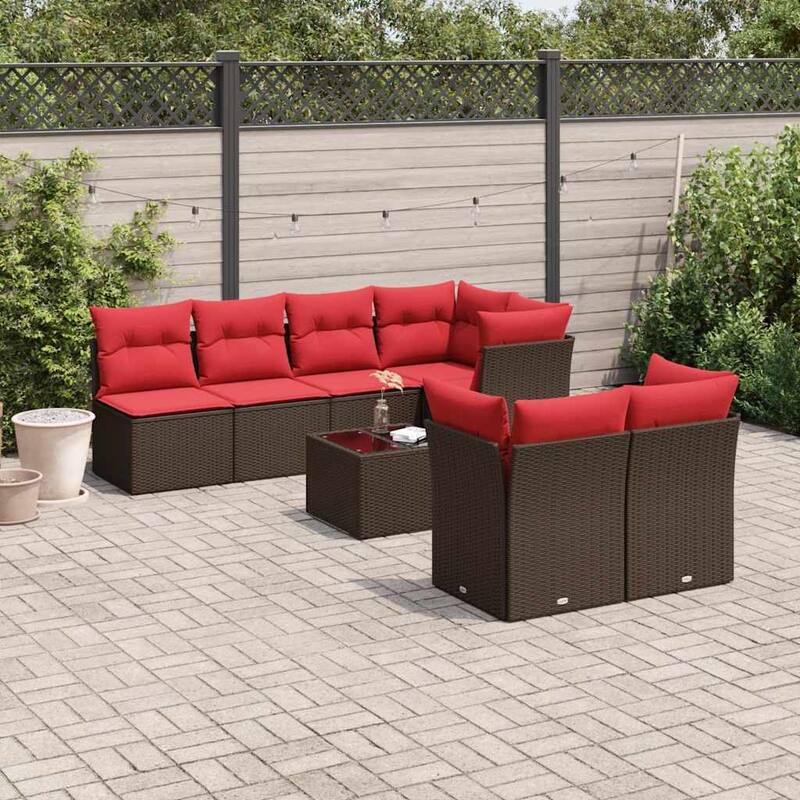 vidaXL 8 Piece Patio Sofa Set with Cushions Brown/Gray Poly Rattan - 24.4 x 24.4 x 27.2 - Brown - form3