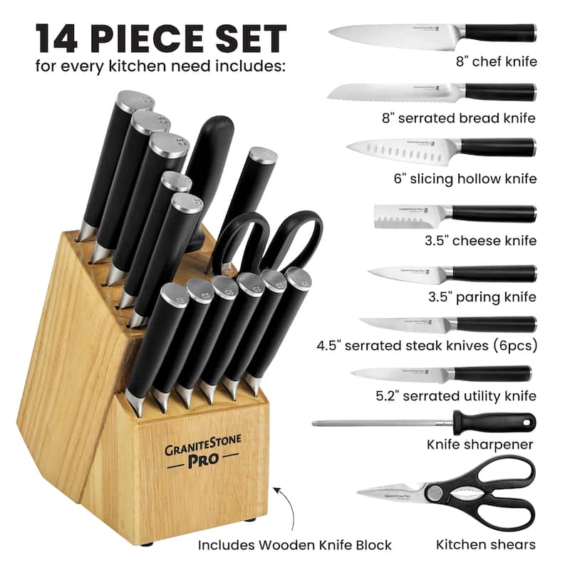 Granitestone Pro NutriBlade 14 Piece Stainless Steel Black Knife Set with Wooden Block
