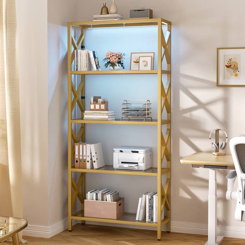 Modern Gold Bookshelf with Tempered Glass Shelves, 3-5 Tires Display Storage Shelving - 5-Tier