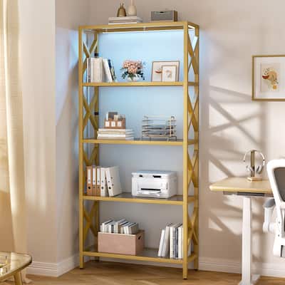 Modern Gold Bookshelf with Tempered Glass Shelves, 3-5 Tires Display Storage Shelving
