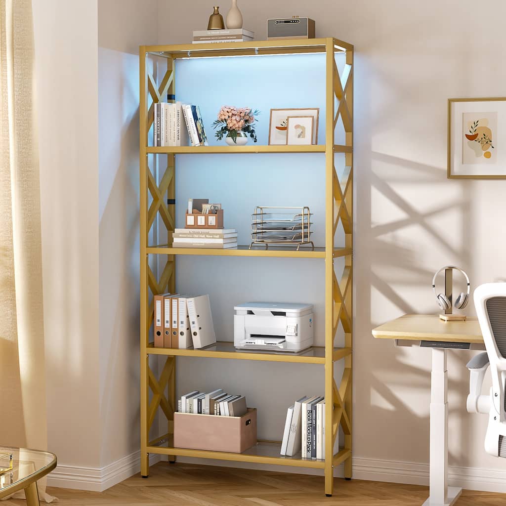 Modern Gold Bookshelf with Tempered Glass Shelves, 3-5 Tiers Display Storage Shelving