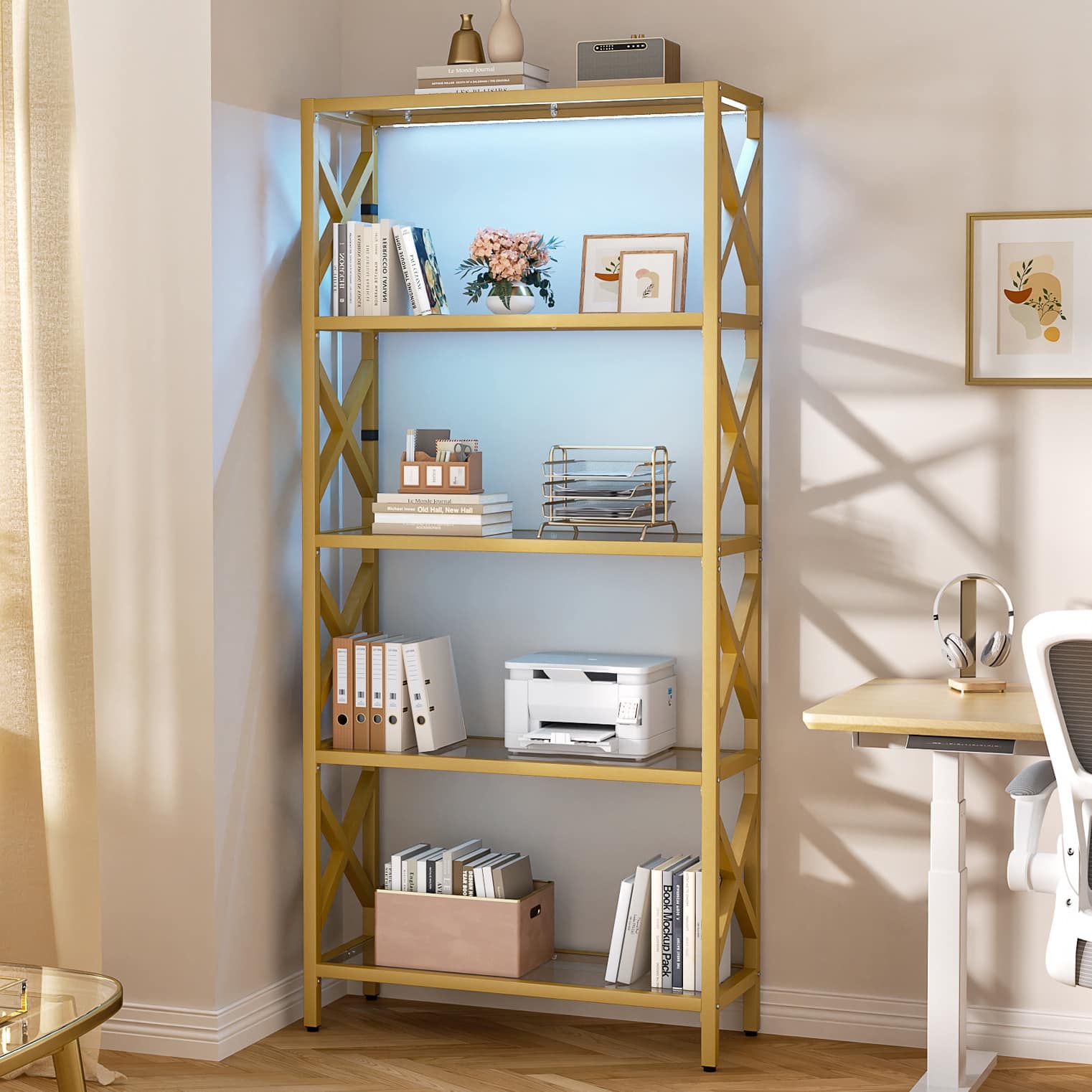 Modern Gold Bookshelf with Tempered Glass Shelves, 3-5 Tiers