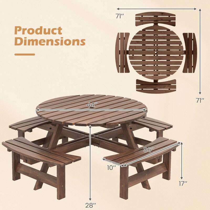 Costway 8-Person Round Picnic Table Set with 4 Built-in Benches 2" - See Details