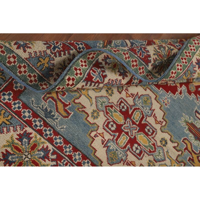 Light Blue Geometric Kazak Area Rug Hand-Knotted Wool Carpet - 4'10" x 6'7"
