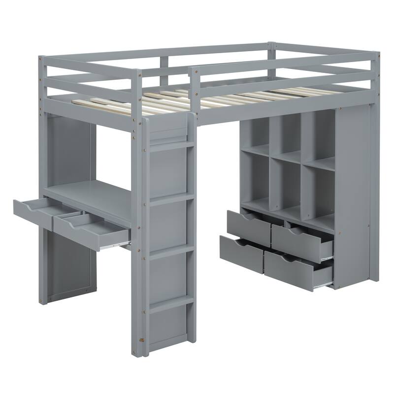 Full Size Solid Wood Loft Bed with Shelves, Writing Desk, and LED Light