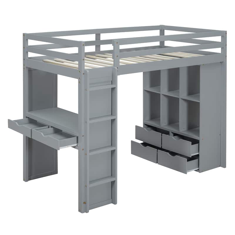 Twin Size Solid Wood Loft Bed with large shelves, writing desk and LED Light for Bedroom