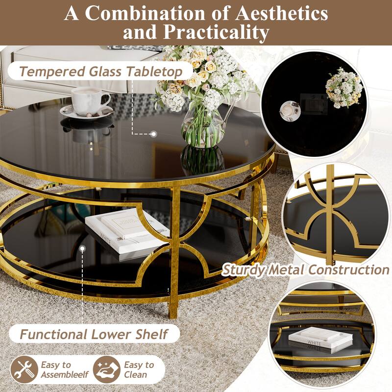 Round Glass Coffee Table with Luxurious Geometric Metal Frame by Harper&Bright Designs