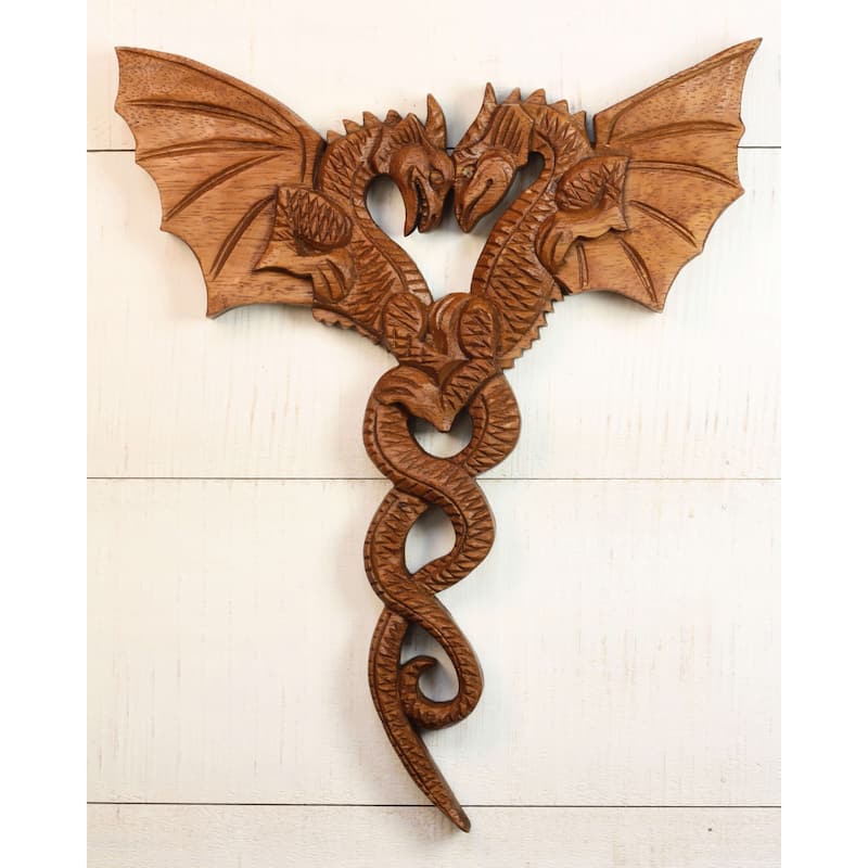 12" Dragon Couple Wooden Wall Art - Hand Carved Twin Dragon Sculpture, Rustic Fantasy Home Decor - 12" tall x 9" wide x 1" deep
