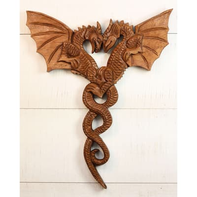 12" Dragon Couple Wooden Wall Art - Hand Carved Twin Dragon Sculpture, Rustic Fantasy Home Decor