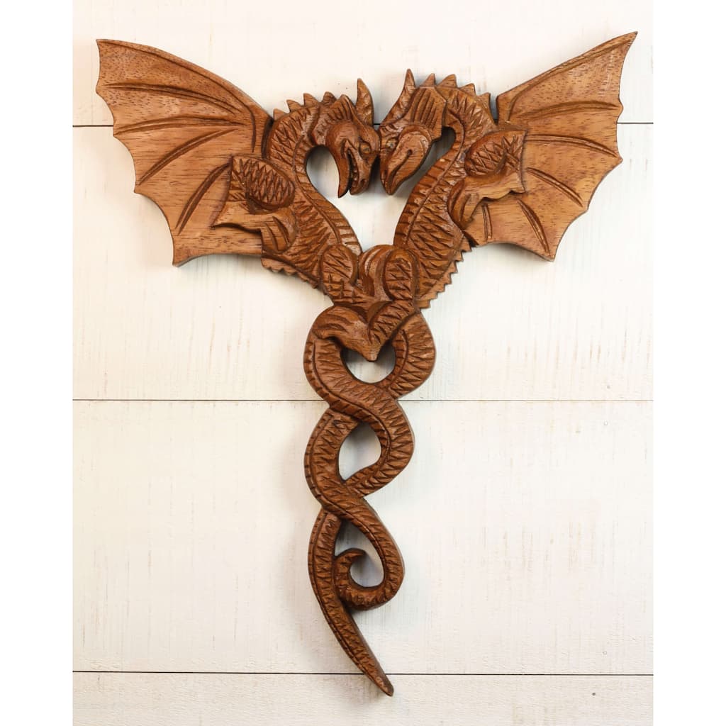 12" Dragon Couple Wooden Wall Art - Hand Carved Twin Dragon Sculpture, Rustic Fantasy Home Decor
