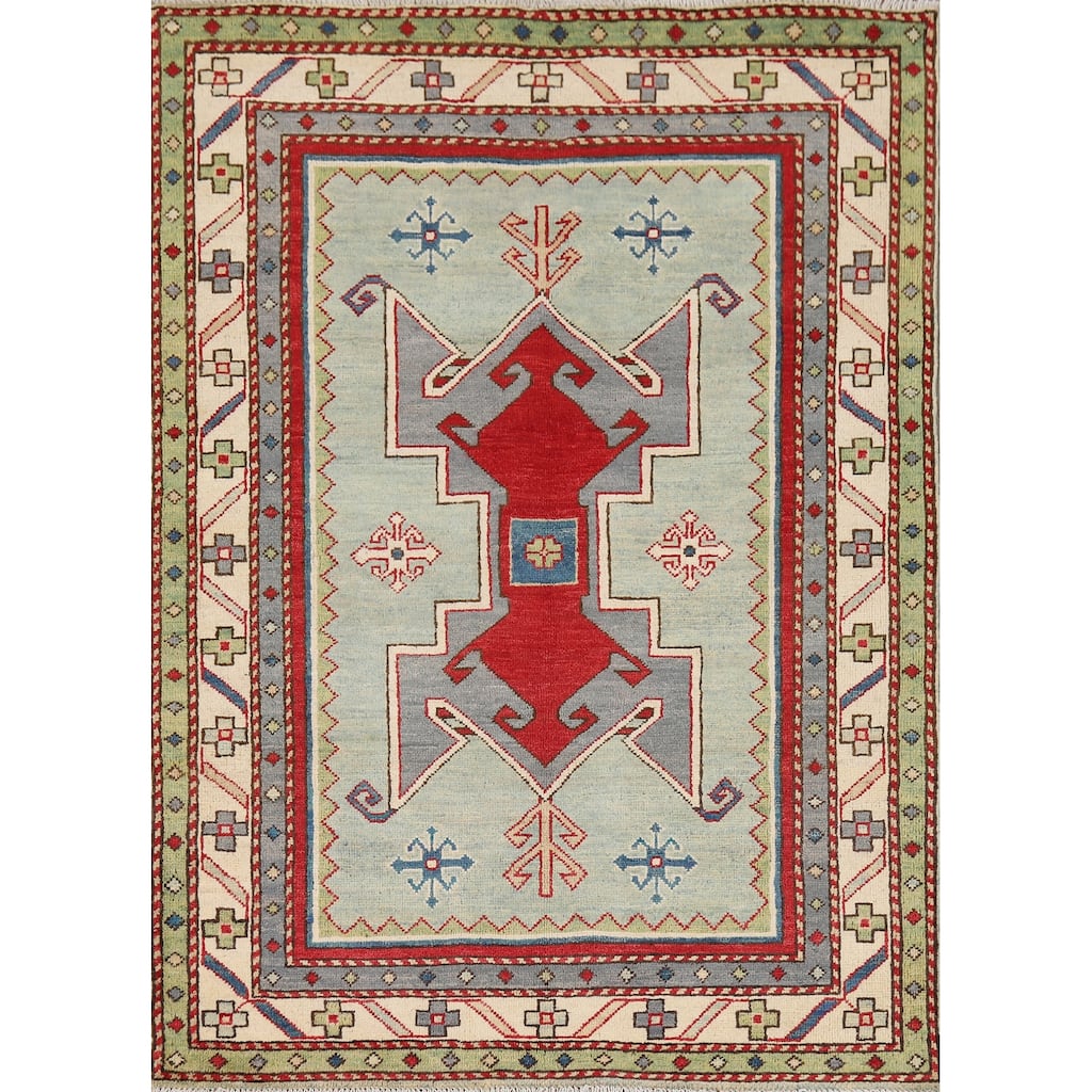Green Kazak Accent Rug Hand-Knotted Wool Carpet - 3'6" x 4'11"