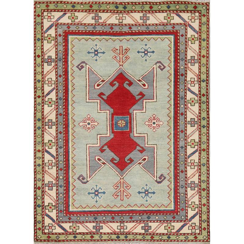 Green Kazak Accent Rug Hand-Knotted Wool Carpet - 3'6" x 4'11"