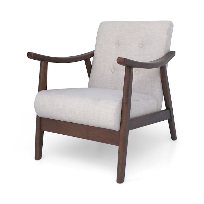 Beige Mid Century Modern 25.25" Upholstered Button Tufted Accent Chair with Rubber Wood Legs
