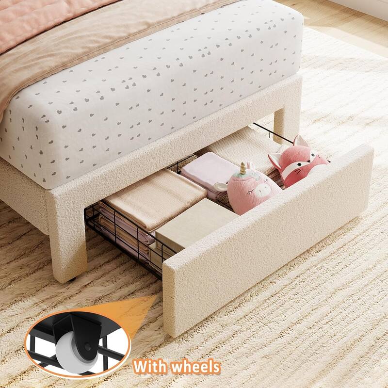 Twin Velvet Upholstered Platform Bed Frame with Wave Headboard & Drawer, No Box Spring Needed, Wood Slats, Noiseless
