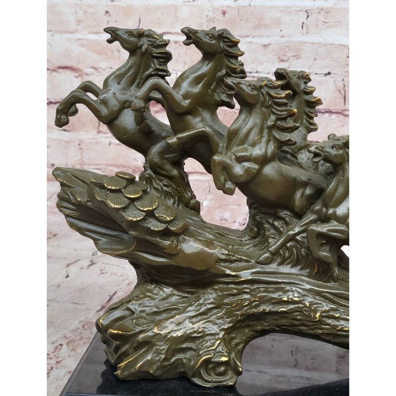 Eight Galloping Imitative Horses Bronze Sculpture On Marble Base Signed M. Lopez