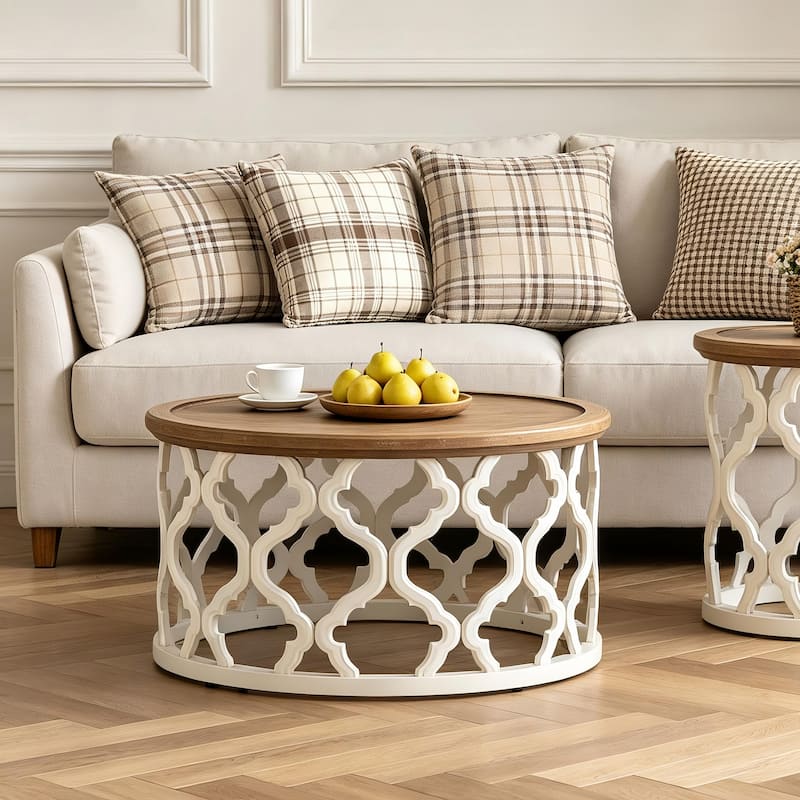 COZAYH Farmhouse End Table, Distressed Tray Top Coffee Table with Curved Motif Frame Base for Boho, Rustic, French Country