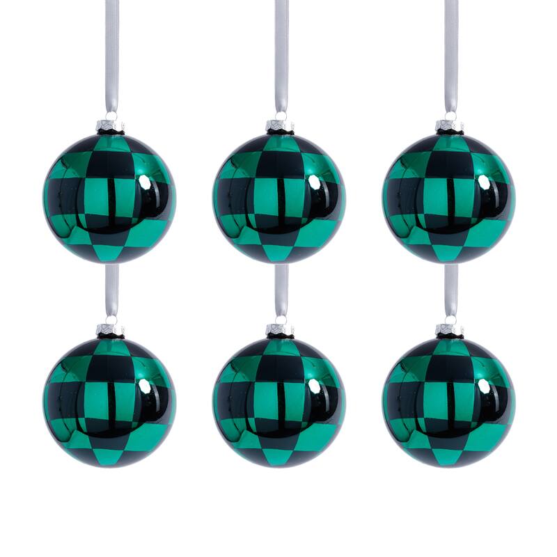 Checkered Glass Ball Christmas Ornaments, Set of 6, 4"