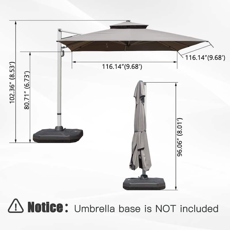 10x10 Square Cantilever Umbrella with Center Pole, Gray, 360° Rotation, 5-Position Tilt, Hydraulic Opening, UPF 50+
