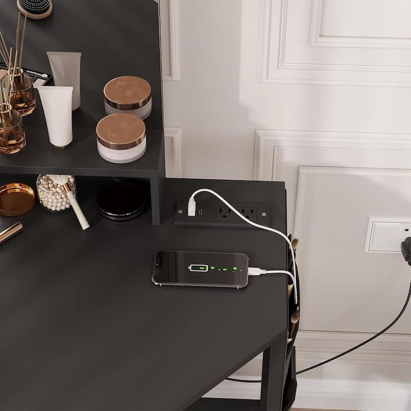 Corner Vanity Desk and Stool, Makeup Dressing Table Set with Light Mirror