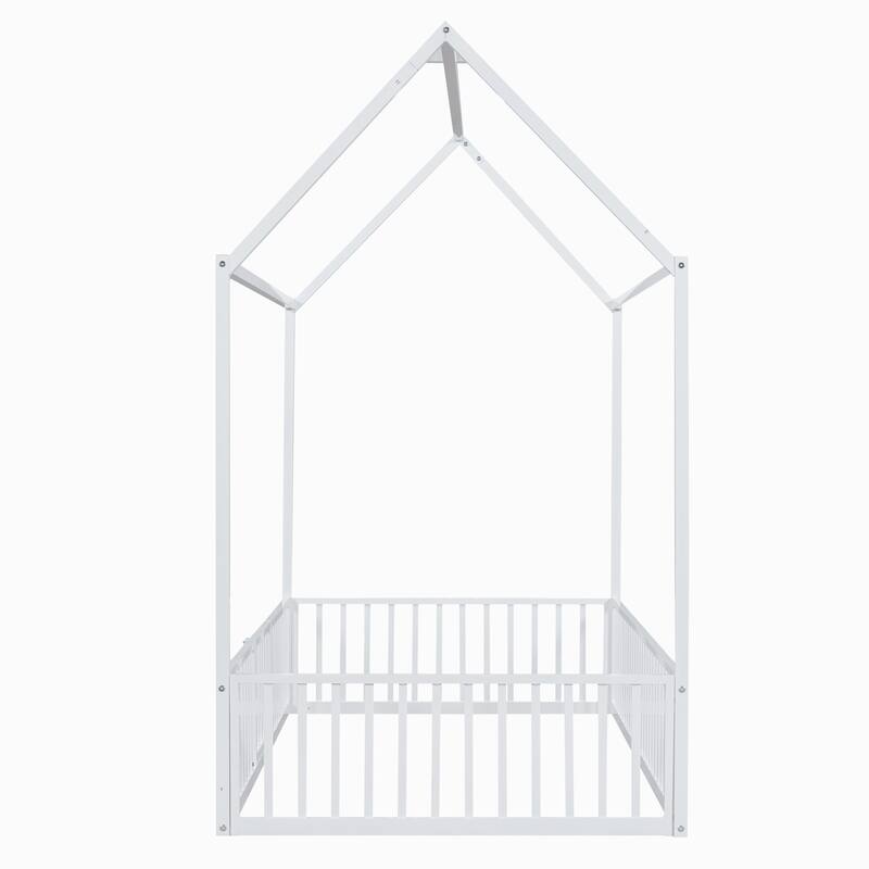 White Twin Size Metal House Bed with Fence, Roof, and Door for Kids' Bedroom