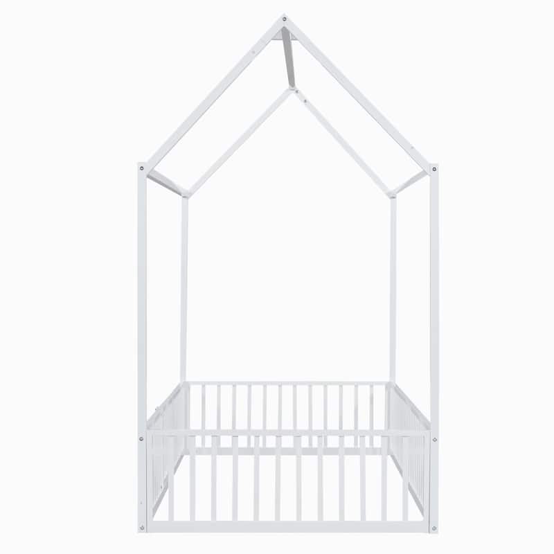 White Twin Size Metal House Bed with Fence, Roof, and Door for Kids