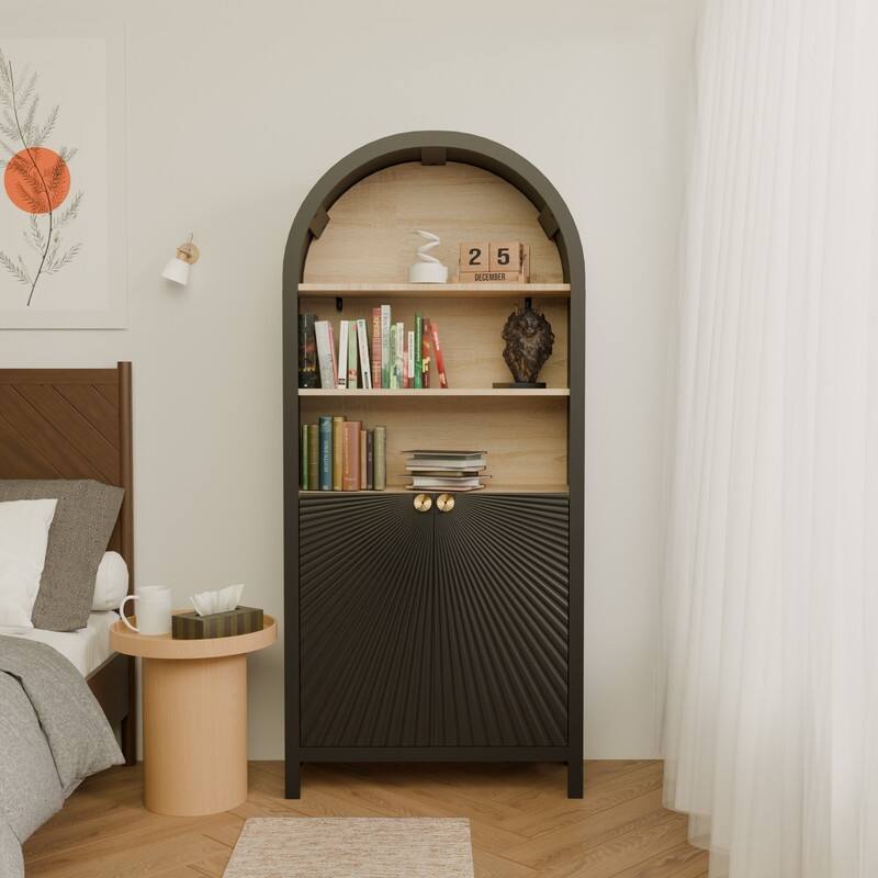 Display Arched Bookcase Cabinet,4/5-Tier Freestanding Tall Wood Arch Bookshelf Cabinets with Open Display Storage Shelves - 5-Tier Black