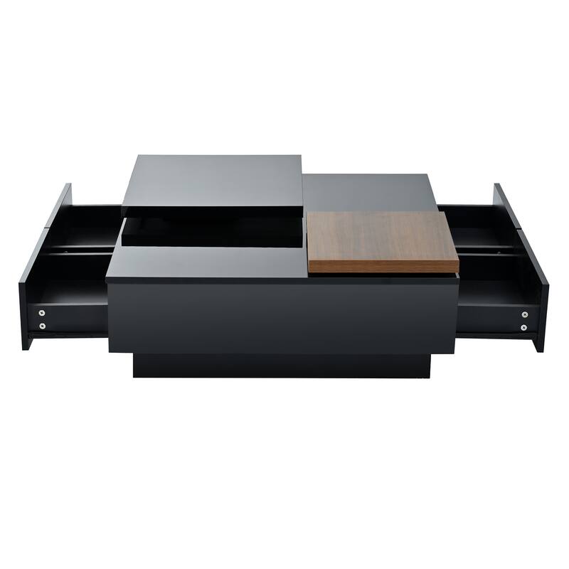 Movable Top Coffee Tables, Wood Square Center Table, High Gloss Cocktail Table with 4 Storage Drawers for Living Room