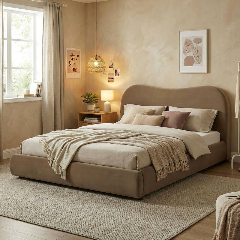 Furniture of America Niric Modern Fabric Upholstered Platform Bed with Storage Footboard - Mocha Brown Velvet - King