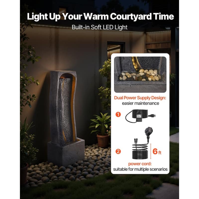 Modern Outdoor LED Lights Water Fountain with Vertical Rock-Base Design and Weather-Resistant - 13.39 x 8.66 x 38.58 in