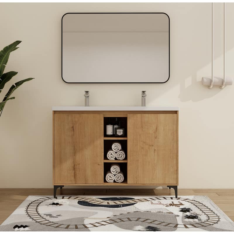 Malwee 48" FreeStanding Bathroom Vanity, Floor Stand Bathroom Vanity with Resin Sink,Soft Close Door,Adjustable Shelf - 47.6"×18.3"×34.6" - Colored - Brown