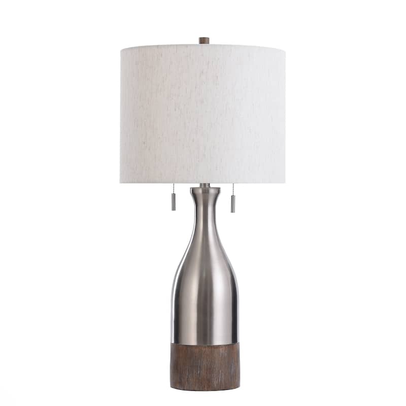 Logan Table Lamp - Brushed Steel Finish - Heathered White Fabric Shade - Grey