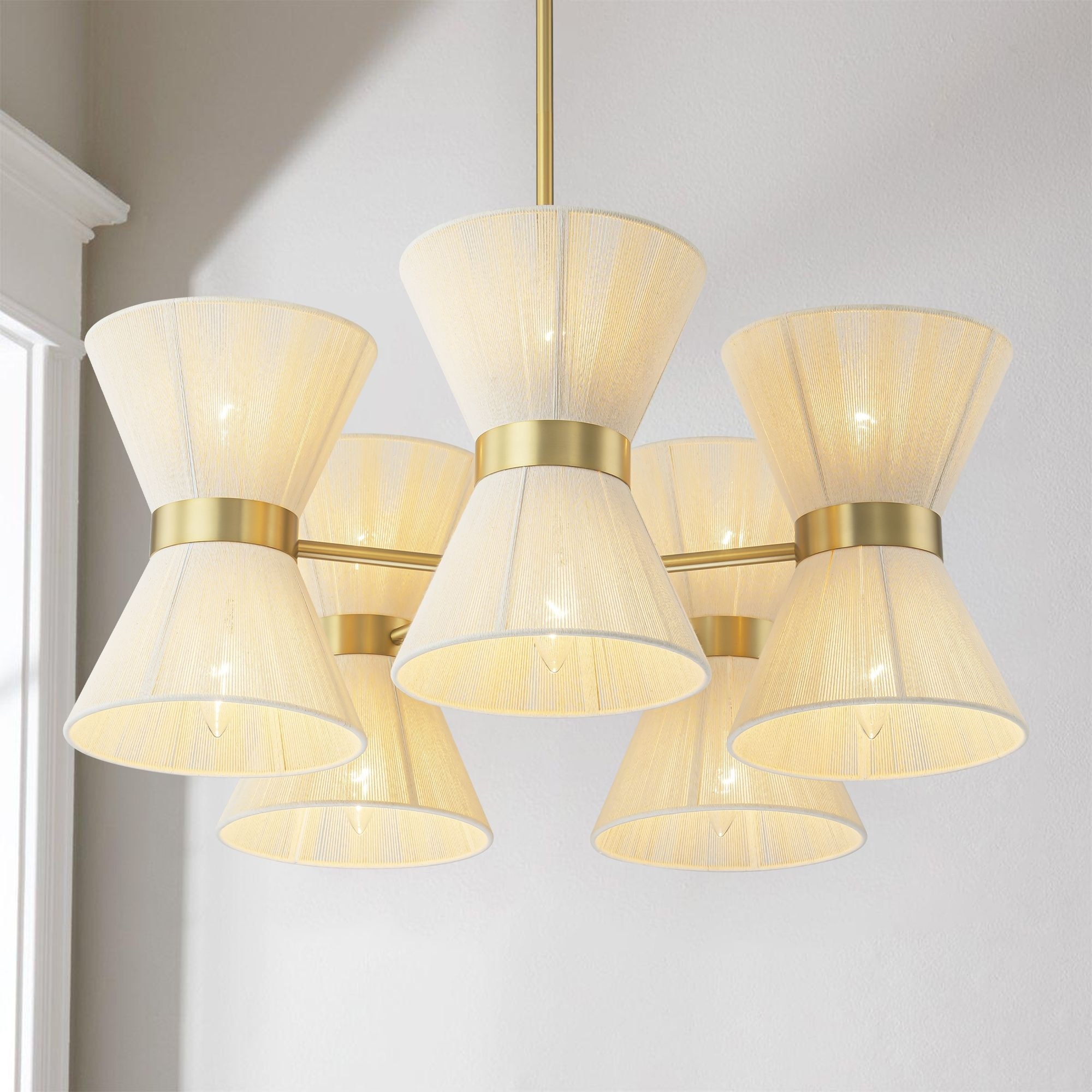 Catalena 10 Light Boho Rustic Brushed Gold Sputnik Handwoven Ivory Rope Up and Down Hourglass Fabric Chandelier