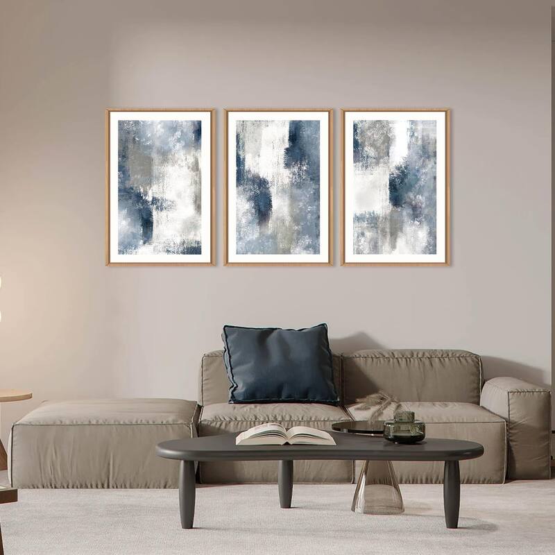 Abstract Navy Blue Gray Framed Canvas Wall Art Set