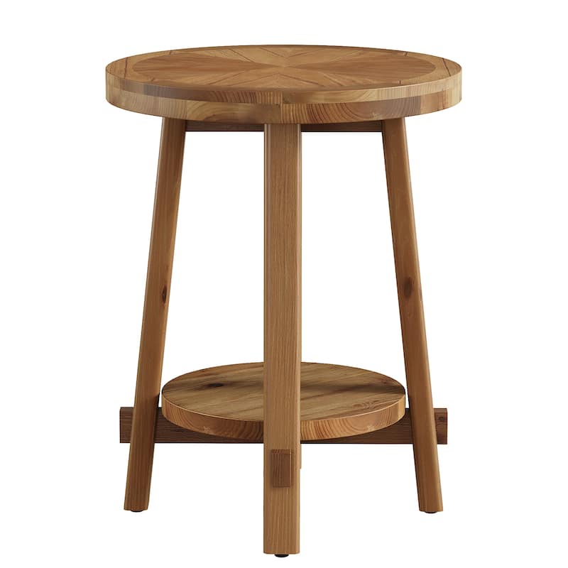 Round Side Table, Solid Wood 2 Tier End Table for Living Room