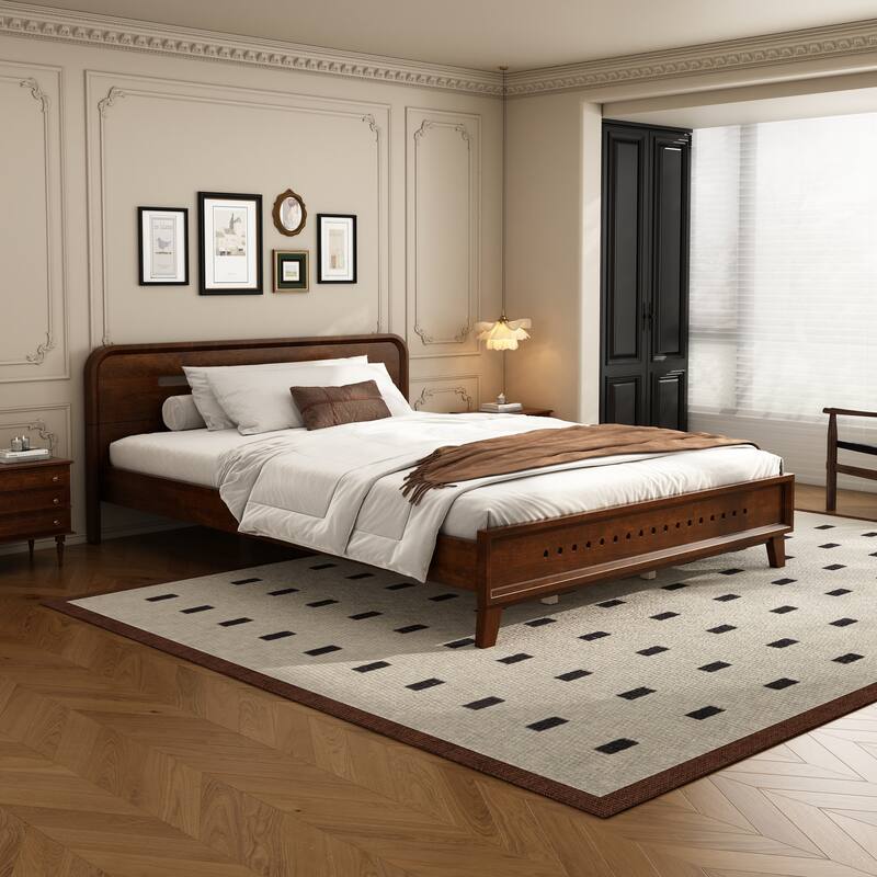 Pine Solid Wood Platform Bed with Headboard, Mid Century Bed Frame with Wood Slat Support - Dark Walnut - Queen