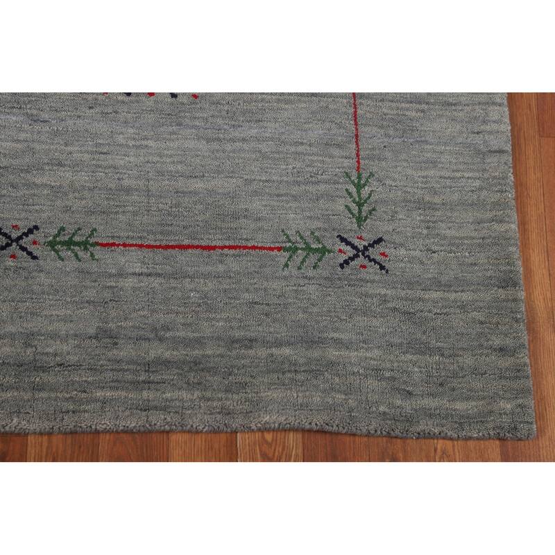 Gray & Green Striped Gabbeh Indian Area Rug Hand-Knotted Wool Carpet - 4'11"x 7'10"