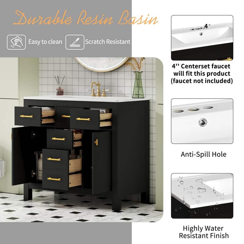 36" Modern Freestanding Bathroom Vanity Set - Ceramic Sink Combo with 4 Drawers & 2 Cabinets, Solid Wood Frame Storage Cabinet‌.