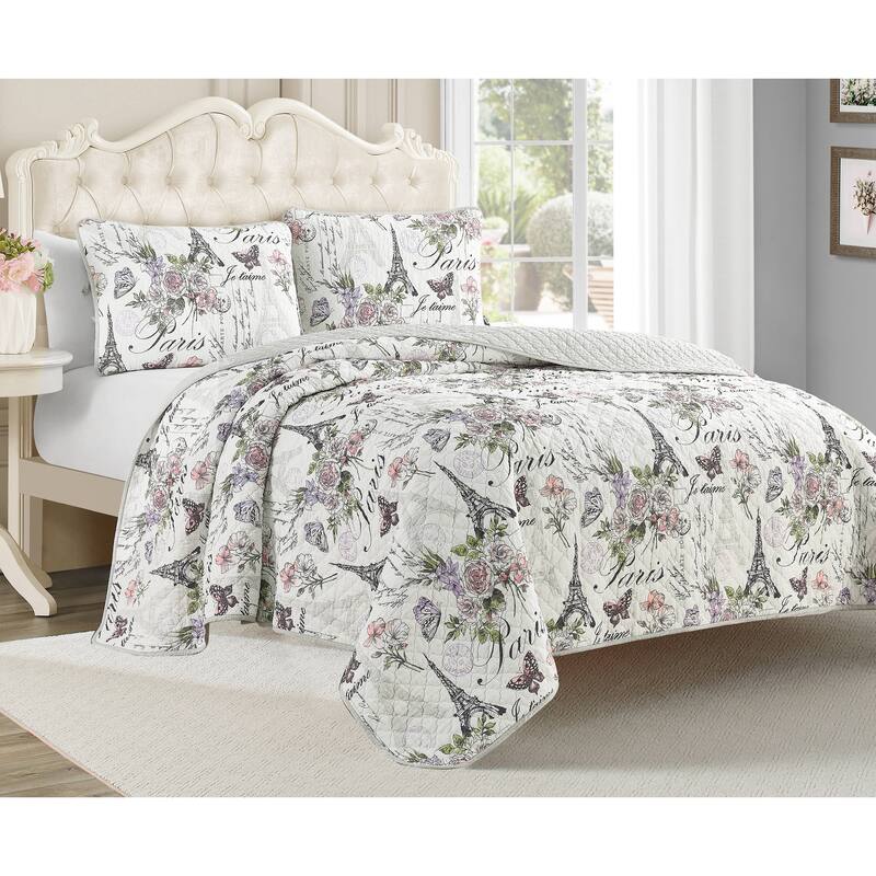 Paris Floral Pink Cotton 3-Piece Reversible Quilt Set