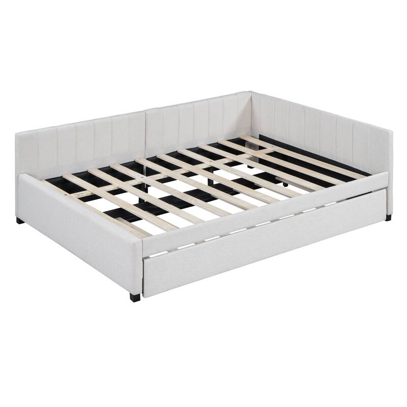 L-Shaped Backrest Daybed Upholstered Daybed Frame Classic Wood Slats Design with 2 Storage Drawers or Trundle, Full Size